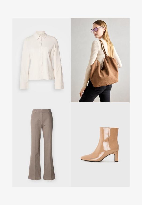 Lys beige langærmet skjorte med knaplukning fortil, krave og en enkelt brystlomme. Fremstillet af blødt stof med detaljer ved ærmerne.; Beige højtaljede bukser med vide ben, syninger foran, bæltestropper og skjult lukning foran, vist på en hvid baggrund.; Nude patent ankelstøvler med spids tå, en skinnende overflade og en blokhæl i mellem højde. Glat tekstur og strømlinet silhuet.; Brun ruskind tote taske med blød tekstur, stor åbning og lange stropper. Har et enkelt design med synlige syninger og ingen hardware.