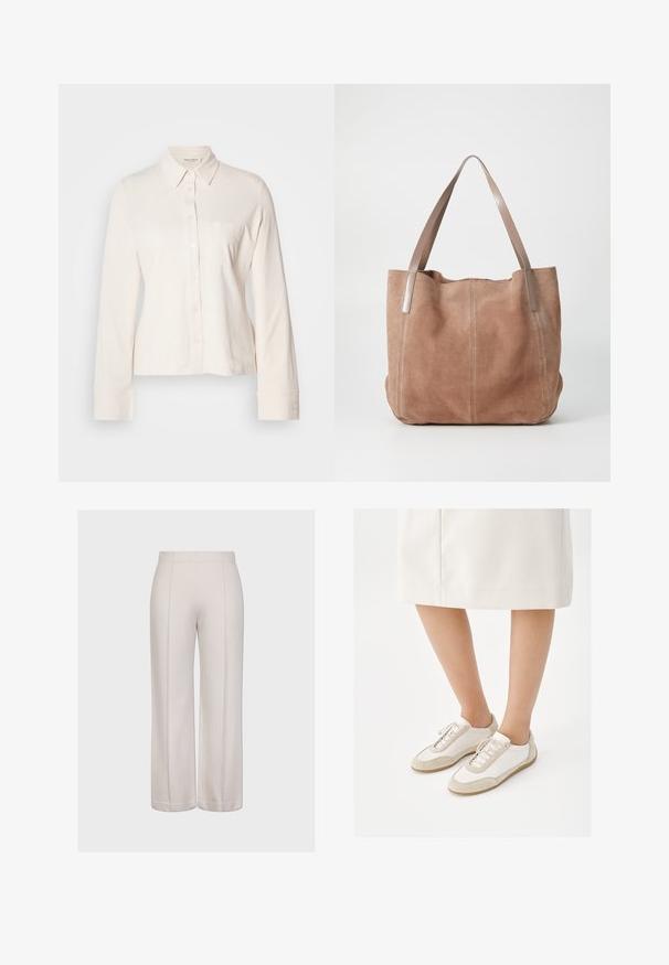 Lys beige langærmet skjorte med knaplukning fortil, krave og en enkelt brystlomme. Fremstillet af blødt stof med detaljer ved ærmerne.; Videbenede bukser i lys beige stof med en glat tekstur. Har to lodrette sømme og en ensartet, ren skæring ved kanten.; Person iført hvide sneakers med beige ruskindsdetaljer og en hvid knælang nederdel, stående mod en hvid baggrund.; Anna Field by Zalando LEATHER - Shopping bags - taupe