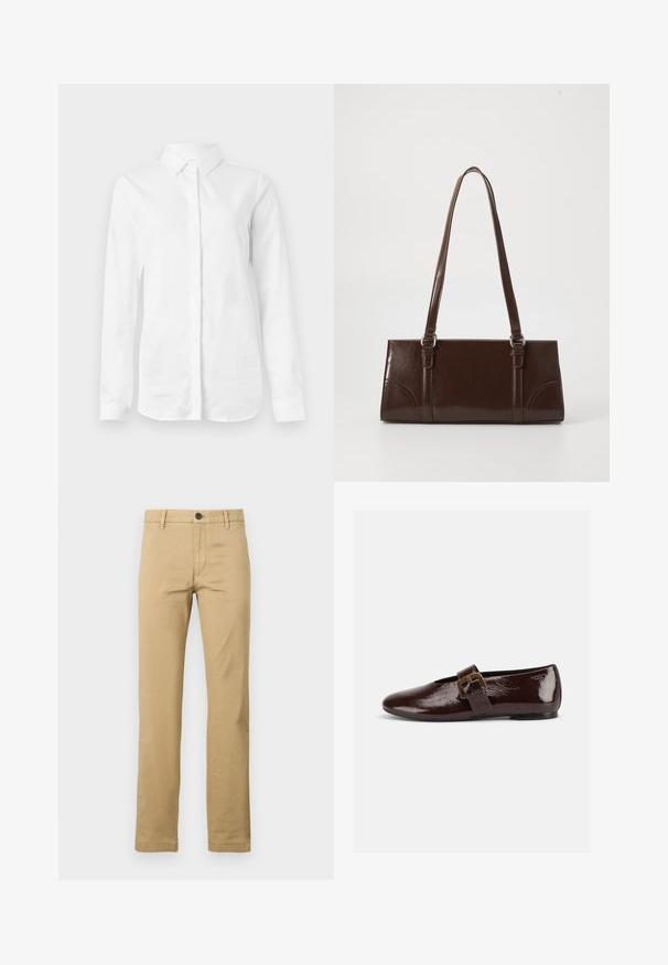 Weißes Langarmhemd aus glattem Baumwollstoff. Verfügt über einen klassischen Kragen und eine durchgehende Knopfleiste mit geradem Saum und ohne Muster.; Khaki Chinos aus Baumwolle mit geradem Bein, zwei vorderen Taschen, einem abnehmbaren Knopfverschluss und Gürtelschlaufen, mit einer glatten Textur.; Dunkelbrauner Lacklederschuh mit großer goldener Schnalle und abgerundeter Spitze, seitlich vor weißem Hintergrund dargestellt.; Braune Lackleder-Handtasche in rechteckiger Form, mit zwei langen Griffen und subtilen, geschwungenen Akzenten auf der Vorderseite.