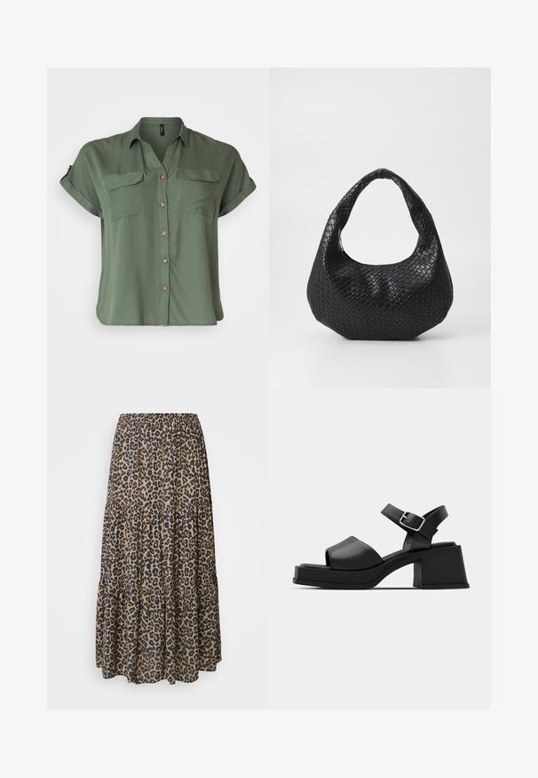 Kortærmet, olivengrøn skjorte med knapper lavet af glat stof, der har to brystlommer og kontrastfarvede knapdetaljer.; Maxi nederdel med leopardprint, elastisk talje, lagdelt design og blødt, let materiale i nuancer af brun, sort og beige.; Sorte læder platform sandaler med peep-toe design, ankelrem og en kraftig firkantet hæl. Glat tekstur og minimalistisk stil.; Sort flettet håndtaske med et buet håndtag, der har en struktureret overflade og en afslappet form. Glat finish med en organisk silhuet.
