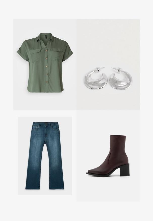 Korte mouwen, olijfgroene button-up blouse van soepel materiaal, voorzien van twee borstzakken en contrasterende knoopdetails.; Blauwe jeans met rechte pijpen, voor- en achterzakken, knoop- en ritssluiting, en subtiele vervaagde details op dijen en knieën.; Zign by Zalando LEATHER - Lage laarzen - bordeaux; Een paar gepolijste zilveren halve maanvormige creolen met heldere plastic achterkanten op een witte ondergrond.