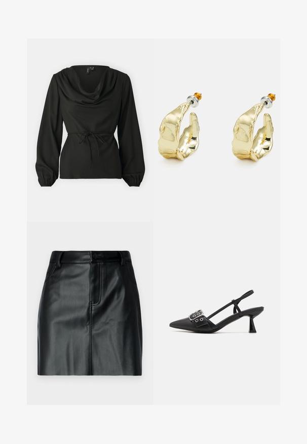 Zwarte top met lange mouwen en een cowl-halslijn, ingezette mouwen en een strikdetail in een zachte, textuurstof.; Zwarte leren minirok met een gladde textuur, een tailleband met knoopsluiting en voorzakken met gestikte details.; Simmi London DALA - Klassieke pumps - black; Goudkleurige oorbellen in de vorm van abstracte handen, met een glanzend oppervlak, ingewikkelde details en een zilver- en goudkleurige post voor een veilige bevestiging.