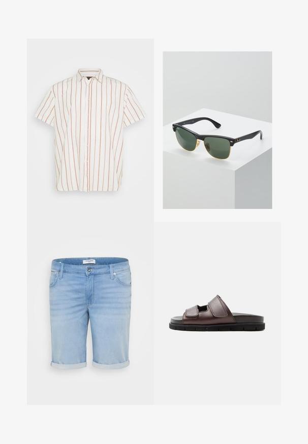 Short-sleeved, button-up shirt in white fabric featuring narrow, vertical red stripes. Classic collar and straight hem design.; Light blue denim shorts with a slightly faded finish, rolled cuffs, five-pocket design, and a metal button closure.; Brown leather sandal with two adjustable Velcro straps and a black cushioned sole on a white background.; Ray-Ban sunglasses with green lenses, black plastic frames, and gold accents at the edges. Square shape with a matte finish.