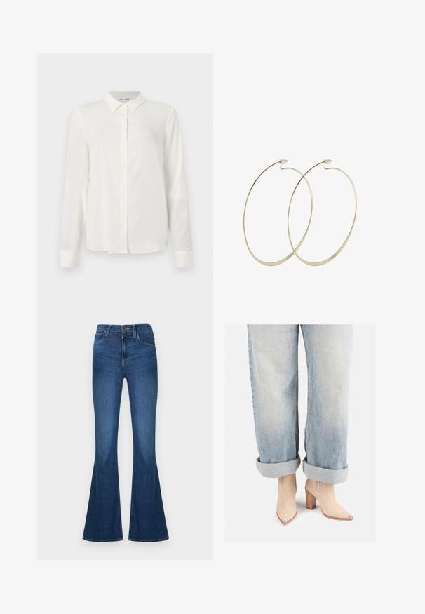 Langärmlige weiße Bluse aus glattem Stoff, mit einer durchgehenden Knopfleiste und klassischem Kragen, leicht abgerundetem Saum und Manschetten.; Blaue Denim-Jeans mit hoher Taille und ausgestellten Beinen, mit Vordertaschen, Knopfverschluss und Reißverschluss.; Beige Wildleder-Ankle-Boots mit einer spitzen Zehenpartie und metallicfarbenem Absatz, kombiniert mit hellblauen hochgekrempelten Jeans.; Pilgrim Ohrringe - gold-coloured