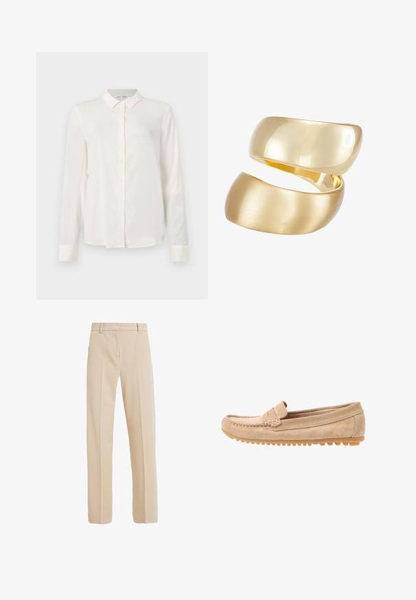 Blusa blanca de manga larga hecha de tejido suave, con un frente abotonado y cuello clásico, y un dobladillo y puños ligeramente curvados.; Pantalones beige ajustados, elaborados en una tela suave, con corte recto, bolsillos laterales y pliegues en la parte delantera.; Mocasines de ante beige con punta redondeada, con detalles de costura y suela de goma que presenta pequeños salientes para tracción. Vista lateral.; Anillo en tono dorado que presenta dos bandas entrelazadas; la parte superior es pulida y reflectante, mientras que la parte inferior tiene un acabado mate.