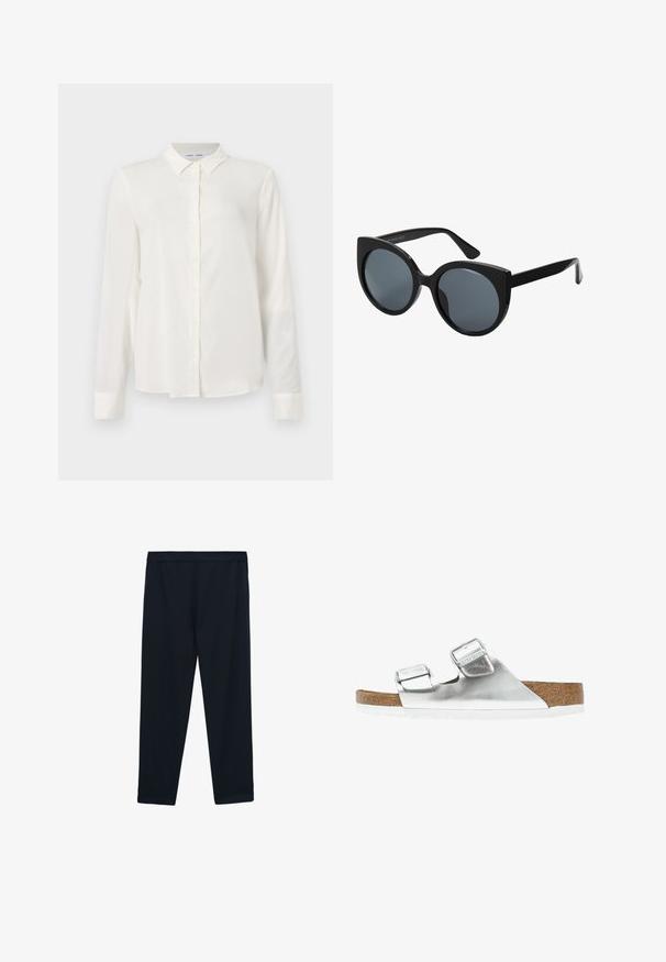 Witte blouse met lange mouwen, gemaakt van een gladde stof, met een knoopsluiting aan de voorkant en een klassieke kraag, en een iets afgeronde zoom en manchetten.; Zwarte, enkellange leggings gemaakt van gladde, rekbare stof. Heeft een brede, platte tailleband en geen zichtbare naden of versieringen.; Zilveren metallic sandaal met twee verstelbare banden, kurken voetbed en witte zool. Gladde bovenkant met een glanzende afwerking.; Zwarte oversized zonnebril met een kattenoogvorm, donkere getinte lenzen en een glanzend plastic montuur. Beschikt over dikke tempels voor extra ondersteuning.