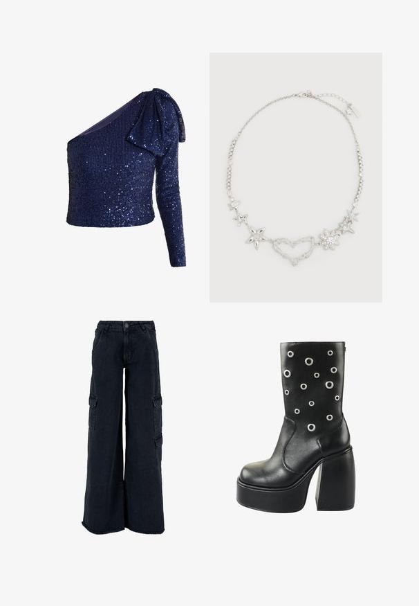 Navy sequined top, suunniteltu yhdelle olalle, jossa on röyhelöhiha, slim fit ja teksturoitu pinta, sisältäen kimaltavia pyöreitä paljetteja kauttaaltaan.; Laskuhousut leveillä lahkeilla tummasta denimistä. Ominaisuuksiin kuuluvat useat sivutaskut, raakareunus ja nappikiinnitys. Teksturoitu kangas.; Musta nahkainen platform-vartalon saapas, jossa on suuria hopeisia niittiä, pyöristetty kärki ja paksu korkea korko lisäämään korkeutta.; Hopeinen metallikaulakoru, jossa on tähti- ja kukkakuviot, sydämen muotoinen korostus, koristeltu kirkkailla kristalleilla ja lukolla.