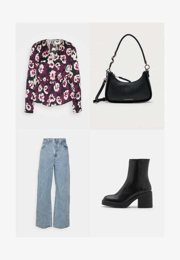 Langærmet indpakningsbluse i gennemsigtig stof, med et burgunder, hvidt og sort abstrakt blomstermønster, peplum talje og knappede manchetter.; Lyseblå vidde denimjeans med høj talje, frontknap, lynlås og femlomme-design på ensfarvet baggrund.; Sort læder ankelstøvle med rund tå og kraftig blokhæl. Glat tekstur, minimalistisk design og ingen synligt hardware eller detaljer.; Sort tekstureret lædertaske fra Steve Madden med buet toplynlås, kort uregelmæssigt metal- og læderhåndtag samt aftagelig rem.