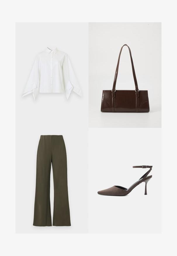 Camisa blanca con cuello clásico y cierre con botones en la parte delantera. Características de mangas largas y anchas que se estrechan en las muñecas. Hecha de tela suave.; Pantalones de pierna ancha de color verde oliva con cinturilla elástica, fabricados en una tela suave y sin bolsillos, con un diseño limpio y minimalista.; Zapato de tacón alto de ante marrón con punta afilada, correa fina en el tobillo y hebilla plateada sobre fondo blanco.; Bolso de mano de piel sintética marrón con forma rectangular, dos asas largas y sutiles acentos curvados en la parte delantera.