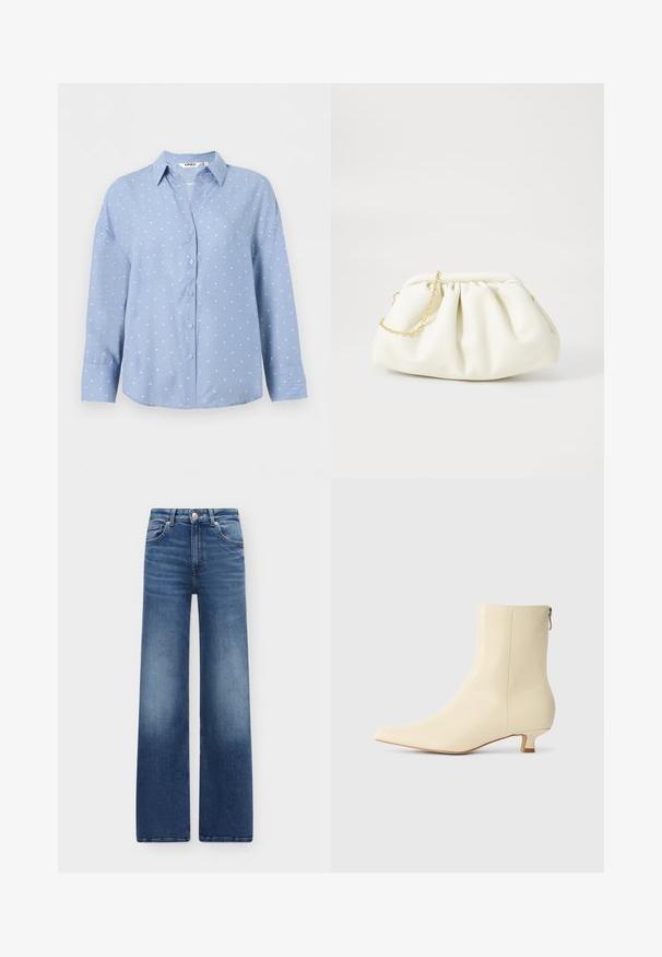 Chemise bleu clair à manches longues avec boutons, pois blancs et col pointu, présentée sur un fond blanc uni.; Jean bleu taille haute à jambes larges avec poches avant, passants pour ceinture, fermeture à bouton et détails délavés sur les cuisses et les genoux.; Bottine beige en cuir lisse, bout pointu, petit talon carré et fermeture éclair latérale pour un enfilage facile.; Sac à main en cuir blanc avec un design plissé, doté d'une bandoulière en chaîne dorée et d'une forme arrondie. Texture lisse avec des plis doux et sans motifs.