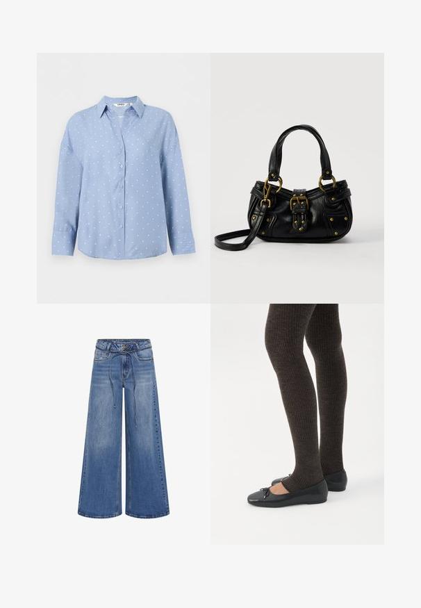 Lichtblauw overhemd met lange mouwen, knopen, witte polkadots en een puntige kraag, getoond op een effen witte achtergrond.; My Essential Wardrobe MWKARO 144 MID XWIDE - Wide leg - medium blue wash; Benen met donkere geribbelde leggings gecombineerd met zwarte ballerina's met kleine strikdetails op een witte achtergrond.; Zwarte leren handtas met gouden gesp en klinknagel details, korte handvatten en een verstelbare schouderriem op een effen witte achtergrond.