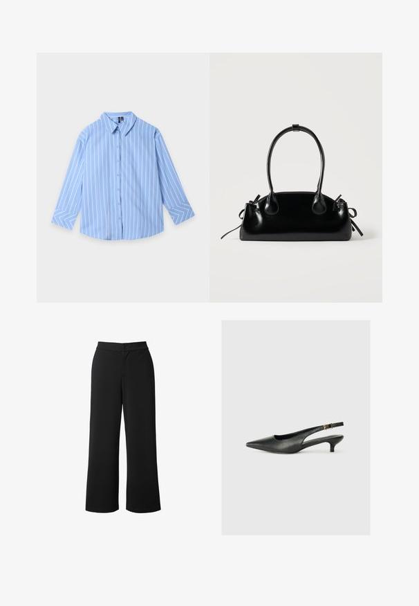 Camisa de manga larga de color azul claro con botones, con rayas verticales blancas y azul marino, cuello abierto y rayas anguladas en los puños.; Pantalones de tiro ancho en negro, fabricados en un tejido suave y ligero. Cuentan con un cierre delantero de botón y bolsillos laterales para mayor funcionalidad.; Zapato de tacón slingback negro de punta afilada, hecho de cuero suave. Presenta un tacón delgado y un detalle de hebilla en la correa ajustable.; Pequeño bolso negro brillante con dos asas largas y detalles de cordón lateral sobre un fondo claro liso.