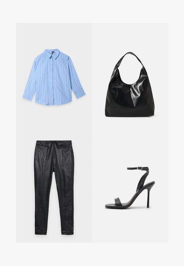 Camisa de manga larga de color azul claro con botones, con rayas verticales blancas y azul marino, cuello abierto y rayas anguladas en los puños.; Pantalones de cuero negro de corte ajustado, con cintura elástica y dos bolsillos frontales con detalles cosidos. Acabado suave y texturizado.; Sandalia negra de tacón alto con una correa delgada en el tobillo y dos bandas en la parte frontal. Hecha de cuero suave con una punta afilada y tacón de aguja.; Bolso hobo de cuero negro con una textura suave y brillante y un diseño de parte superior redondeada y abierta. Cuenta con una amplia correa curvada para llevar. Sin hardware visible.