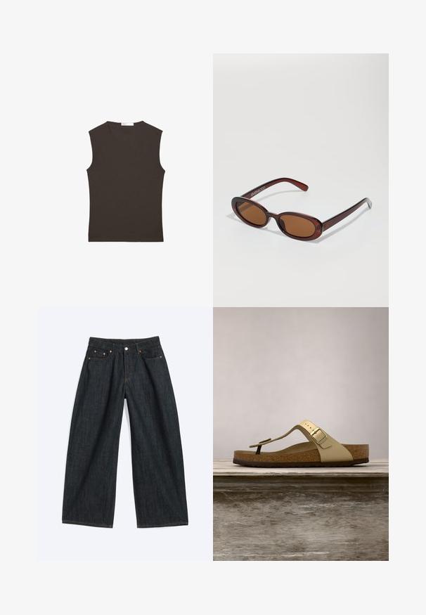 Débardeur sans manches brun foncé à col rond avec ourlet droit, présenté à plat sur un fond blanc.; Jean denim bleu foncé à jambes larges avec poches avant et passants de ceinture, posé à plat sur un fond clair.; Sandale avec semelle en liège de couleur or clair, dotée d'un design à tongs et d'une boucle ajustable. Présente une semelle extérieure texturée pour une meilleure adhérence. Schéma de couleurs neutres.; Lunettes de soleil rondes teinte brun avec une monture bordeaux brillante. Branches fines avec un détail de marque subtil. Design de verres plats.