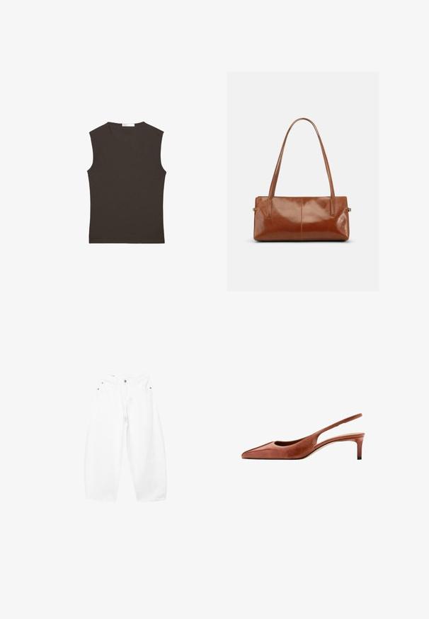 Débardeur sans manches brun foncé à col rond avec ourlet droit, présenté à plat sur un fond blanc.; Jean en denim blanc coupe ample avec fermeture par bouton et zip, passants de ceinture et poches avant, présenté sur un fond uni.; Chaussure slingback en cuir marron à bout pointu, petit talon kitten et fine bride autour du talon sur fond blanc.; Sac à main rectangulaire en cuir marron avec deux longues bandoulières, finition lisse et brillante, au design minimaliste sur un fond uni.