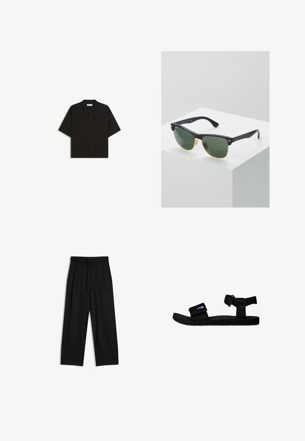 Schwarzes, kurzärmeliges Hemd mit Knopfleiste, Kragen und Brusttasche, flach auf einem weißen Hintergrund ausgebreitet.; Schwarze locker sitzende Hose mit elastischem Bund und Kordelzug, seitlichen Taschen und geraden Beinen vor weißem Hintergrund.; Schwarze Sandalen mit verstellbaren Stoffriemen, strukturiertem Gummisohle und einem Logopatch. Entworfen für Komfort und die Nutzung im Freien.; Ray-Ban Sonnenbrillen mit grünen Gläsern, schwarzen Kunststoffrahmen und goldenen Akzenten an den Rändern. Quadratische Form mit matter Oberfläche.