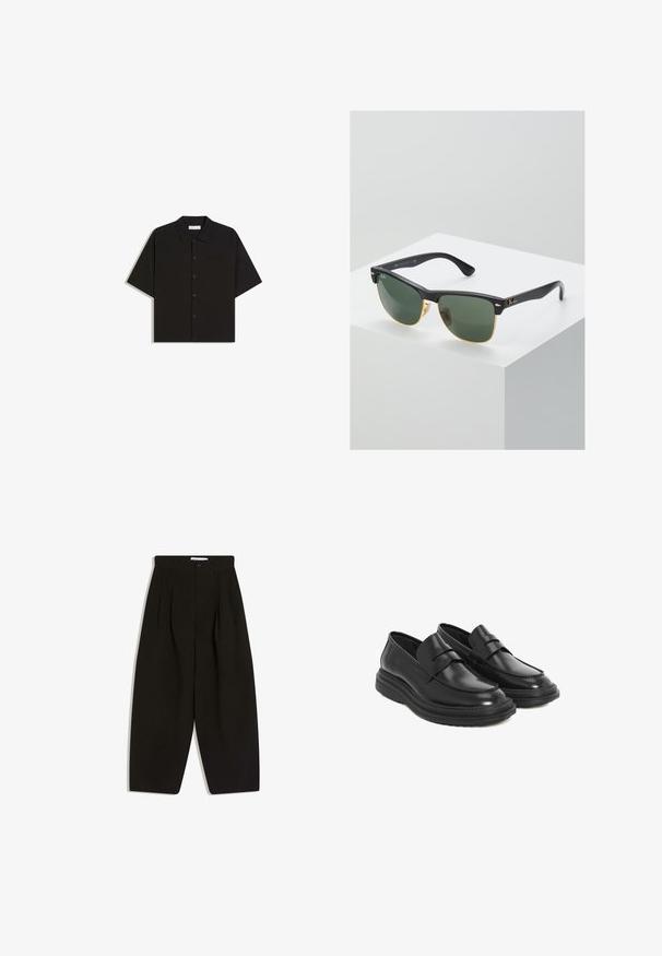 Chemise noire à manches courtes avec col et poche poitrine, étalée à plat sur un fond blanc.; Pantalon noir à jambes larges en tissu doux, avec un devant plissé, une fermeture à boutons et des poches latérales pour plus de fonctionnalité.; Mocassins en cuir noir avec un bout arrondi, des coutures décoratives et une semelle en caoutchouc à plateforme. Présente une bandoulière décorative sur le devant.; Lunettes de soleil Ray-Ban avec des verres verts, monture en plastique noir et accents dorés sur les bords. Forme carrée avec une finition mate.
