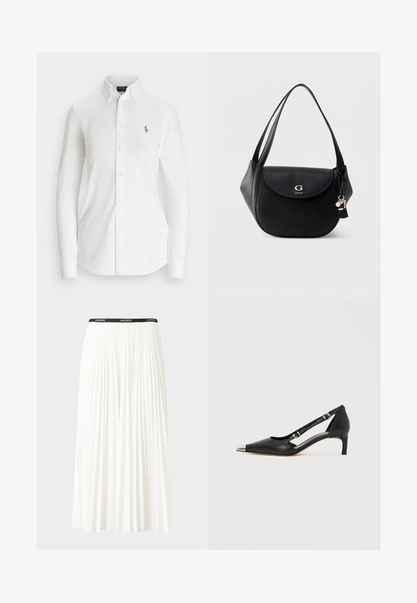 Chemise blanche à manches longues avec col pointu, en coton. Présente un petit logo brodé sur la poitrine gauche.; Jupe plissée blanche avec une taille élastique noire portant le logo "LACOSTE". Design mi-long avec une texture douce.; Escarpin en cuir noir à petit talon en forme de kit avec embout pointu argenté et doubles sangles à boucle sur fond blanc.; Sac à épaule en cuir noir avec rabat incurvé, logo doré "G GUESS", doubles sangles et breloques porte-clés suspendues sur fond uni.