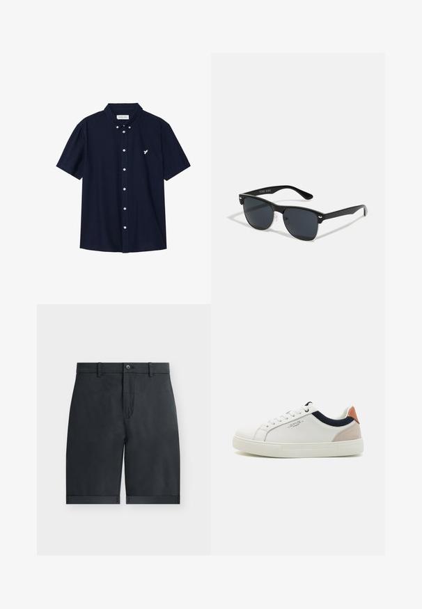 Camisa de botones de manga corta en color marino, hecha de algodón, con un cuello puntiagudo y un pequeño logotipo de un pájaro blanco en el pecho.; Pantalones cortos negros hasta la rodilla con dobladillos vuelta, cierre con botón, trabillas para cinturón y diseño frontal plano sobre un fondo blanco liso.; Zapatillas blancas de cuero con un diseño de caña baja, acento en tela azul marino en el cuello y una lengüeta de talón de ante rosa claro. Suela de goma.; Gafas de sol negras con forma rectangular, lentes oscuros, detalles plateados en las patillas y un acabado mate en la montura.
