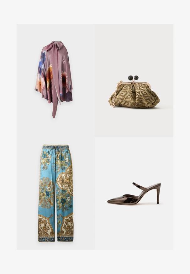 Blumenmuster-Cape aus weichem lilafarbenem Seide, mit einer Bindeschließe am Hals und einem fließenden, drapierten Design mit mehrfarbigen Blumenakzenten.; Himmelblaue gemusterte Hosen mit lockerer Passform, die florale Designs in Gelb, Weiß und Teal aufweisen, sowie einen gesmokten Bund mit Kordelzug.; Glänzender dunkelbrauner Mule mit spitzer Spitze und hohem Absatz mit schmalem Riemen über dem Spann vor weißem, einfachem Hintergrund.; Kleine Clutch mit goldenem und schwarzem geometrischem Muster, goldfarbenem Metallrahmen, schwarzem Kugelverschluss und kurzem goldfarbenem Kettenriemen.