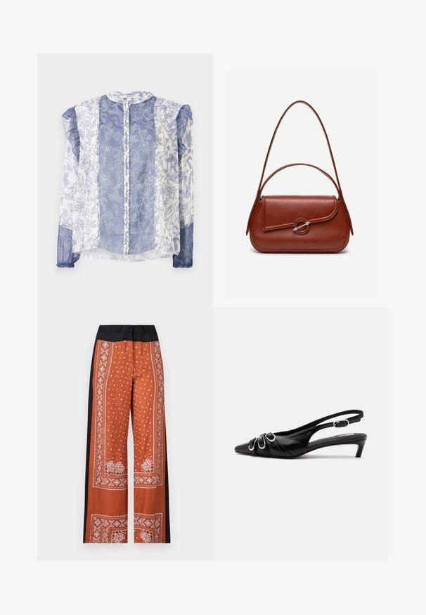 Blouse à motif floral bleu et blanc, en tissu transparent, avec une fermeture à boutons à l'avant, des manches à volants, un col rond, texturé avec des détails complexes.; Pantalons à jambes larges en orange avec une taille noire, dotés d'un motif bandana blanc complexe, d'une texture lisse et de designs de bordure détaillés.; Chaussure slingback en cuir noir avec bout pointu, trois boucles argentées à l'avant et petit talon kitten sur fond blanc.; Sac à bandoulière en cuir marron de forme rectangulaire arrondie, rabat asymétrique, fermoir circulaire argenté et deux fines bretelles.