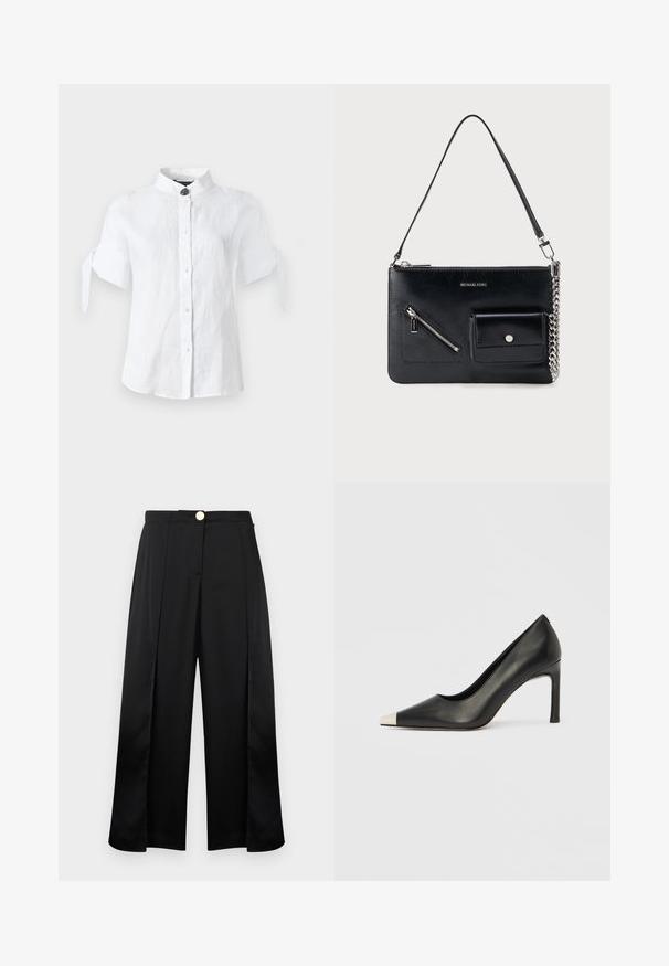 Blouse blanche à manches courtes avec col mandarin, fermeture boutonnée devant et détails noués aux manches sur un fond clair uni.; Pantalon large noir à taille haute, avec plis sur le devant, fentes latérales et fermeture par bouton doré.; Chaussure à talon haut en cuir noir avec bout pointu et capuchon argenté métallique. Présente une finition lisse et un talon fin de 10 cm.; Sac à bandoulière en cuir noir Michael Kors avec fermeture éclair supérieure, poche avant zippée en diagonale, poche à rabat avec bouton-pression et détail en chaîne argentée.