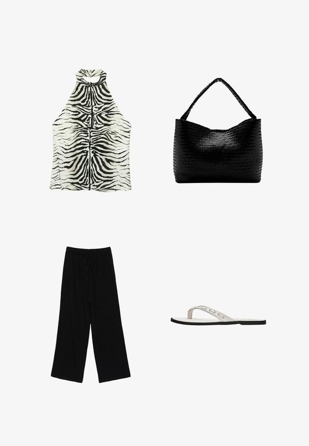 Haut sans manches à col halter avec motif zèbre noir et blanc et fermeture par bouton à l’arrière du cou.; Pantalon noir à jambes larges avec taille élastique et lien à nouer à l'avant.; Sandale flip-flop plate blanche avec des fines brides présentant des détails découpés et une semelle noire.; Sac à main tissé noir avec une anse unique tressée, forme rectangulaire et surface texturée brillante.