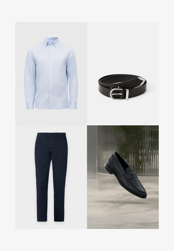 Lichtblauw overhemd met lange mouwen, knopen en een puntige kraag op een effen achtergrond.; Heren slim-fit zwarte broek met knoop- en ritsluiting aan de voorkant, riemlussen en zijzakken.; Zwarte leren loafer met een gladde afwerking, puntige neus en gestikte details over de wreef. Lage hak en minimalistisch ontwerp.; Zwarte leren riem met een zilveren metalen gesp, met een klassiek ontwerp en een gladde textuur. Inclusief gaatjes voor verstelbare pasvorm.