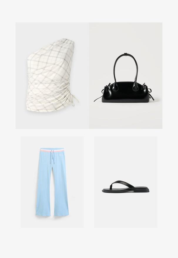 Én-skulder top i et lyst, ternet mønster af creme, grå og subtil gul. Har rynkede detaljer og snorede afslutninger.; Lyseblå, flagrende sweatpants med snor i taljen. Har en pink og hvid stribet accent samt broderet logo. Blød stoftekstur.; Sort flad thong-sandal med tekstureret rem og let forhøjet hæl, vist i sideprofil mod en ensartet lys baggrund.; Lille sort blank håndtaske med to lange håndtag og snøre-detaljer i siden på en ensfarvet lys baggrund.