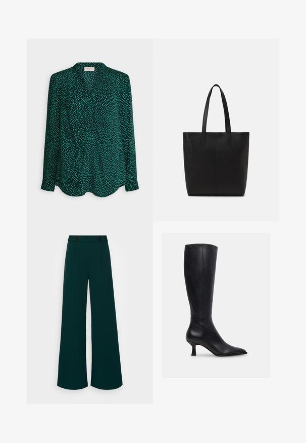 Freequent ADNEY - Blúzka - black/pepper green; Široké nohavice v tmavozelenej látke, s vysokým pásom a dvojitým zapínaním na gombíky, ostrými záhybmi a hladkou, pevnú textúrou.; Čierne kožené čižmy po kolená s špicatou špičkou a malým blokovým podpätkom. Hladká textura s minimálnymi detailmi šitia.; Čierna taška na rameno vyrobená z textúrovaného materiálu, s dvoma dlhými uchami a jednoduchým, minimalistickým dizajnom bez viditeľného kovania.