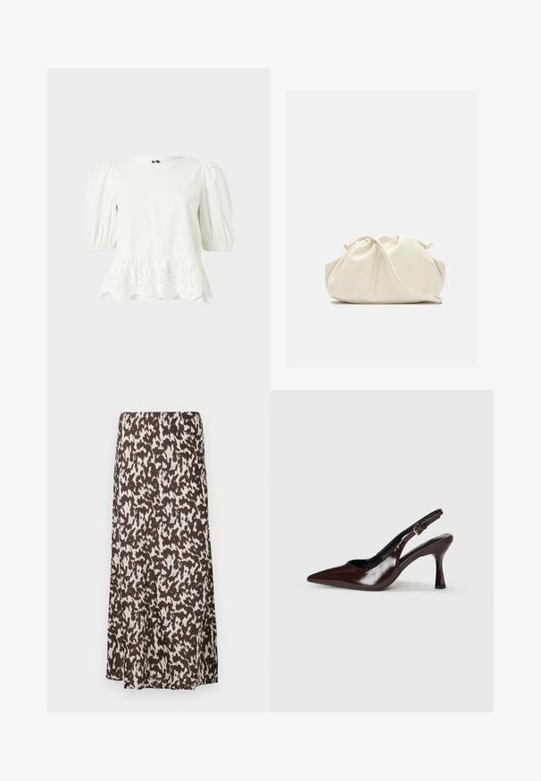 Blouse blanche à manches courtes bouffantes avec ourlet festonné ornée de broderies florales en œillet.; Jupe brune avec un motif abstrait blanc, au design fluide et à la texture lisse, allant jusqu'à la longueur mi-mollet.; Talons slingback en cuir verni brun avec un bout pointu, un talon fin, et une sangle réglable avec une petite boucle.; Pochette en cuir souple couleur crème avec un design froncé et une fine bandoulière reposant à l’avant sur un fond uni.