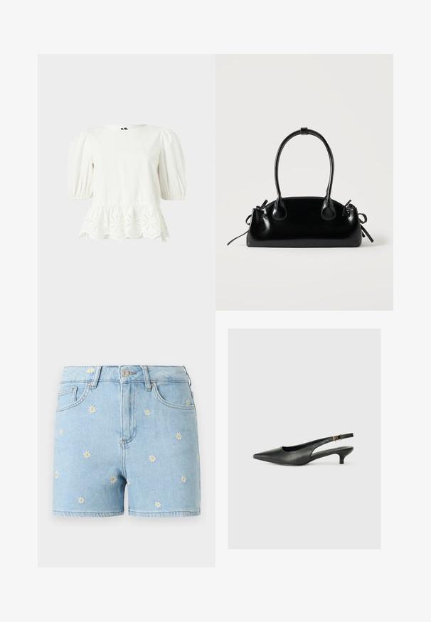 Hvid kortærmet bluse med puffede ærmer og bølget kant med blomsterbroderi i hulsøm.; Lyseblå denimshorts med broderede hvide og gule margueritter, forreste knap, lynlås og design med fem lommer.; Sorte spidse slingback-sko lavet af glat læder. Har en tynd hæl og en spænde detalje på den justerbare rem.; Lille sort blank håndtaske med to lange håndtag og snøre-detaljer i siden på en ensfarvet lys baggrund.