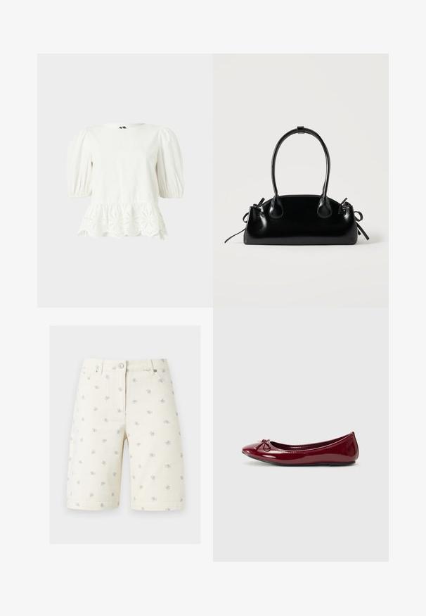Blusa blanca de manga corta con mangas abullonadas y borde festoneado con bordado floral de ojales.; Pantalones cortos de mezclilla color crema con pequeños estampados florales púrpuras y amarillos, botón frontal, trabillas para cinturón y bolsillos laterales.; Bailarina en charol burdeos brillante, con punta redondeada y pequeño lazo en la parte frontal. Textura suave, tacón bajo.; Pequeño bolso negro brillante con dos asas largas y detalles de cordón lateral sobre un fondo claro liso.