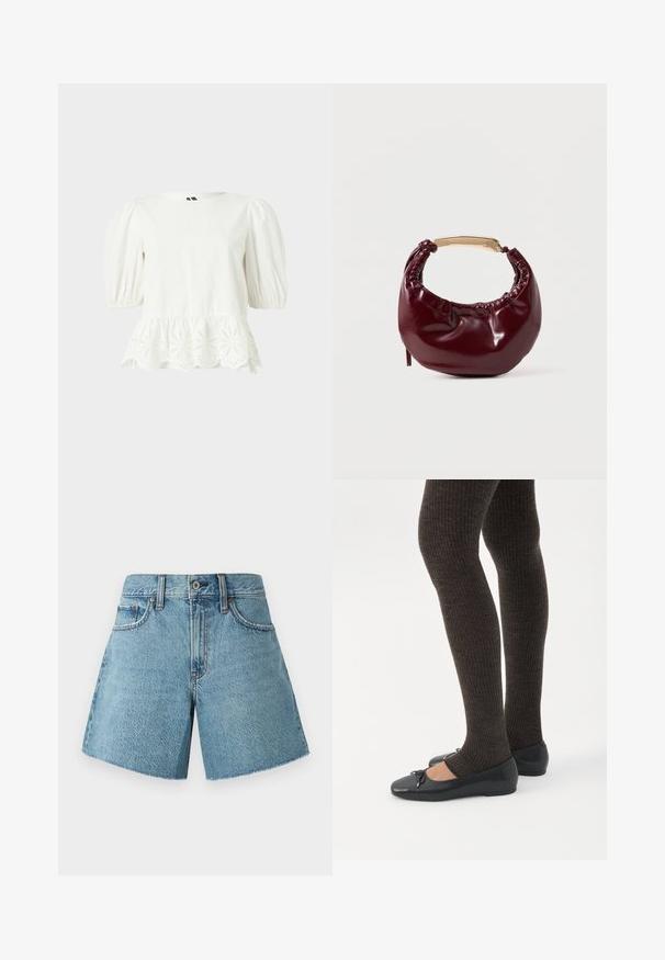 Hvid kortærmet bluse med puffede ærmer og bølget kant med blomsterbroderi i hulsøm.; Denim shorts i lys blå, med høj talje, fem lommer og rå kant. Fremstillet af tekstureret bomuldsstof med et klassisk design.; Ben iført mørke ribbede leggings kombineret med sorte balletsko med små sløjfedetaljer på hvid baggrund.; Bordeaux farvet faux læder handbag med en afrundet form, samling detaljer og et guldtonet metalhåndtag. Glat tekstur og blank finish.