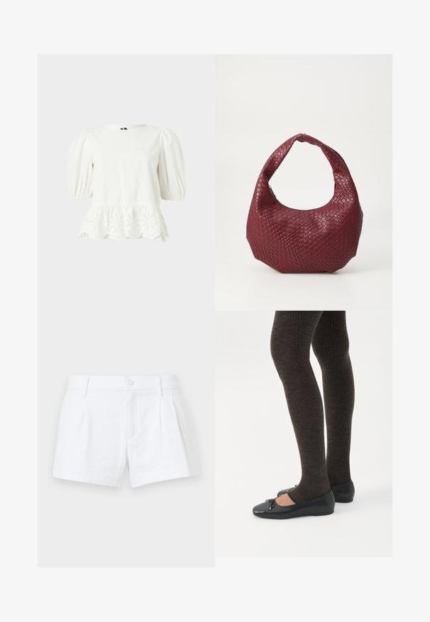 Witte blouse met korte mouwen, pofmouwen en een golvende zoom met bloemenborduursel in eyelet.; Witte linnen shorts met plooien, een knoopsluiting en zijzakken. Heeft een tailormade snit en een gladde textuur.; Benen met donkere geribbelde leggings gecombineerd met zwarte ballerina's met kleine strikdetails op een witte achtergrond.; Geweven bordeaux handtas met een afgeronde silhouet, een enkele handgreep en een gestructureerde afwerking. Ritssluiting aan de bovenkant.