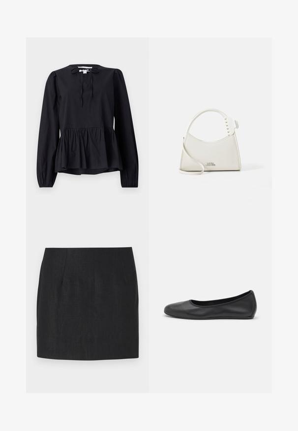 Schwarze Bluse mit langen Ärmeln, runden Ausschnitt und Bindedetail, mit einem schwingenden Peplum-Saum und leicht gepufften Ärmeln. Glatte Stoffstruktur.; Schwarzer Rock mit taillierter Passform, ausgestattet mit Falten und einem glatten, strukturierten Stoff. Der Saum ist gerade und hat eine Länge über dem Knie.; Schwarze Leder-Ballettschuhe mit abgerundeter Spitze, glatter Textur, minimalen Nähdetails und einem flexiblen Sohlen-Design.; Weiße Lederhandtasche mit geschwungener Form, verziert mit kleinen weißen Nieten entlang des Griffs. Verfügt über einen langen Riemen und ein geprägtes Logo auf der Vorderseite.