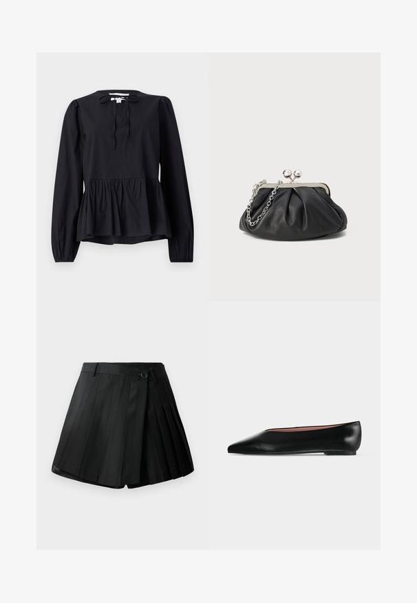 Blouse noire à manches longues avec un col rond et un détail noué, dotée d'une basque évasée et de manches légèrement bouffantes. Texture de tissu lisse.; Shorts plissés noirs avec un devant plat, fermeture à bouton et tissu léger. Détails avec des plis marqués et un ourlet net.; Chaussure plate en cuir noir pour femme, avec bout pointu et petit talon, vue de côté sur un fond gris clair uni.; Porte-monnaie en cuir noir avec texture froncée, cadre en métal argenté, fermeture à verrouillage kiss-lock et bandoulière en chaîne. Surface lisse et douce.