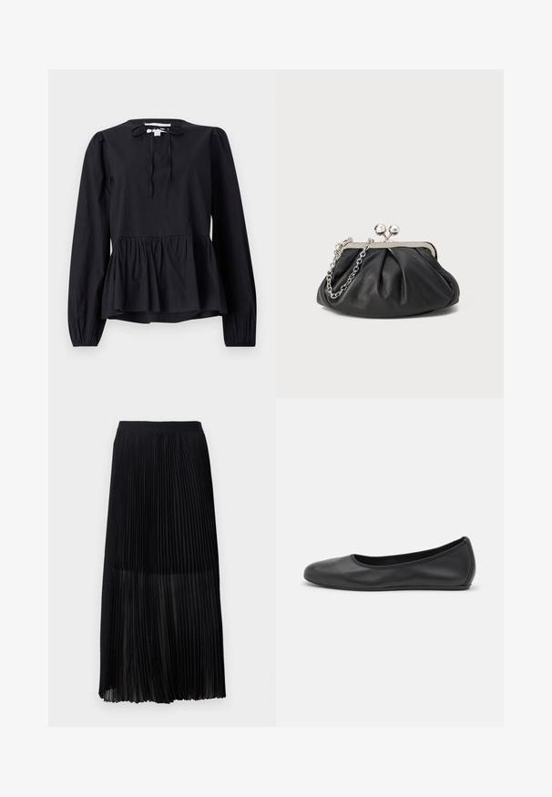 Zwarte blouse met lange mouwen, een ronde halslijn en een strikdetail, voorzien van een uitlopende peplumzoom en licht opgezette mouwen. Soepele stoftextuur.; Zwarte geplooide midi-rok met een gladde, elastische tailleband en doorschijnende overlay, met fijne verticale plooien door de stof.; Zwarte leren ballerina met een ronde neus, gladde textuur, minimale stikdetails en een flexibele zoolontwerp.; Zwarte leren clutch met geplooide textuur, zilverkleurig metalen frame, drukknopsluiting en kettingriem. Glad, zacht oppervlak.