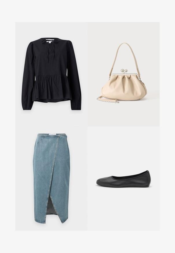 Blouse noire à manches longues avec un col rond et un détail noué, dotée d'une basque évasée et de manches légèrement bouffantes. Texture de tissu lisse.; Jupe en denim bleu clair avec un design enveloppant, présentant des coutures visibles, une fente avant et une taille ajustée.; Ballerines en cuir noir avec un bout rond, texture lisse, détails de couture minimalistes et design de semelle flexible.; Sac à main en cuir souple beige avec un fermoir en métal argenté, une bandoulière simple et une bandoulière chaîne optionnelle sur fond blanc.