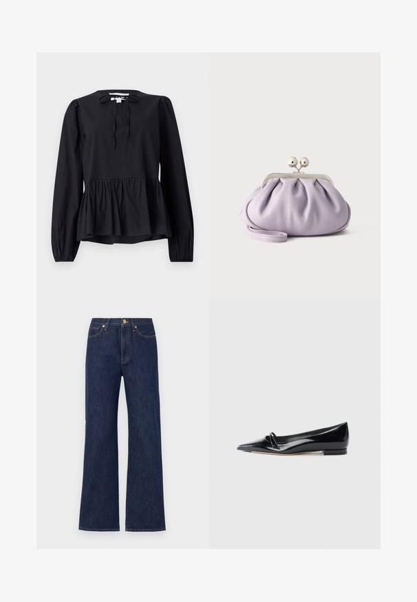 Sort langærmet bluse med rund halsudskæring og bindedetalje, med en udvidet peplumkant og let puffede ærmer. Glat stoftekstur.; Mørkeblå vidde jeans lavet af denim. Har en knaplukning, forlommer og kontrasterende syninger. Ren, klassisk design.; Sorte patentlæder flade sko med spids tå, lille dekorativ rem og lav blokhæl. Glat tekstur og strømlinet design.; Blød lavendel clutch med opsamlet stof, sølv kiss-lock lås og matchende håndledsrem på en ensfarvet lys baggrund.