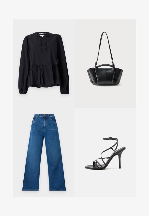Blouse noire à manches longues avec un col rond et un détail noué, dotée d'une basque évasée et de manches légèrement bouffantes. Texture de tissu lisse.; Jean large en denim bleu foncé avec une taille haute, comportant des poches avant et arrière, ainsi que des détails de couture contrastés.; Sandale noire à talons hauts avec des brides fines, une boucle à la cheville, une surface en cuir lisse et un talon aiguille élancé.; Sac à main en cuir noir avec une silhouette courbe, des côtés froncés, une anse tressée et une longue bandoulière fine sur fond blanc.