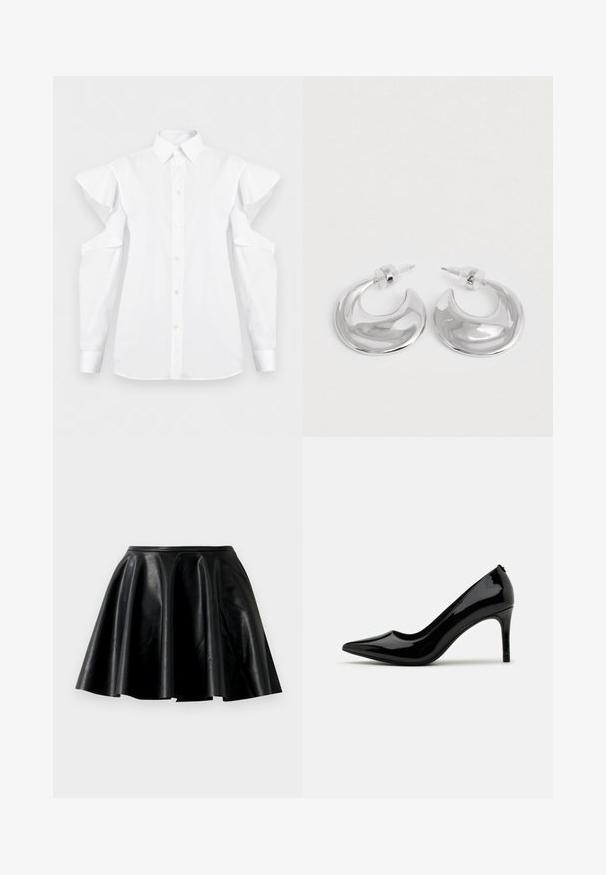 Chemise blanche à boutons avec détails découpés aux épaules et manches longues, dotée d'un col classique et de poignets.; Jupe évasée en cuir noir au toucher lisse, avec un ourlet large et une taille ajustée. La surface a un éclat subtil et ne présente aucun embellissement visible.; Pump à talon haut en cuir verni noir avec un bout pointu et une silhouette épurée, présentant une texture lisse et un design minimaliste.; Une paire de boucles d'oreilles en croissant argenté poli avec des supports en plastique transparent sur une surface blanche.