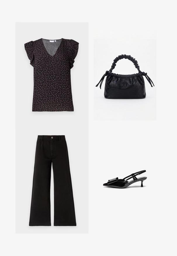 Blusa negra de manga corta con cuello en V y mangas con volantes, decorada con un patrón floral en tonos rosa y verde sobre un tejido texturizado.; Pantalones anchos negros, hechos de algodón texturizado, presentan un cierre de botón en la parte frontal, trabillas para el cinturón y dobladillos rectos con detalles de costura limpia.; Zapatos de tacón slingback de charol negro con punta afilada, detalle de lazo en el frente y un pequeño tacón de aguja. Las correas tienen hebillas ajustables.; Bolso negro con textura de cocodrilo, borde superior fruncido, asa recogida y cordones con borlas en cada lado sobre un fondo blanco.