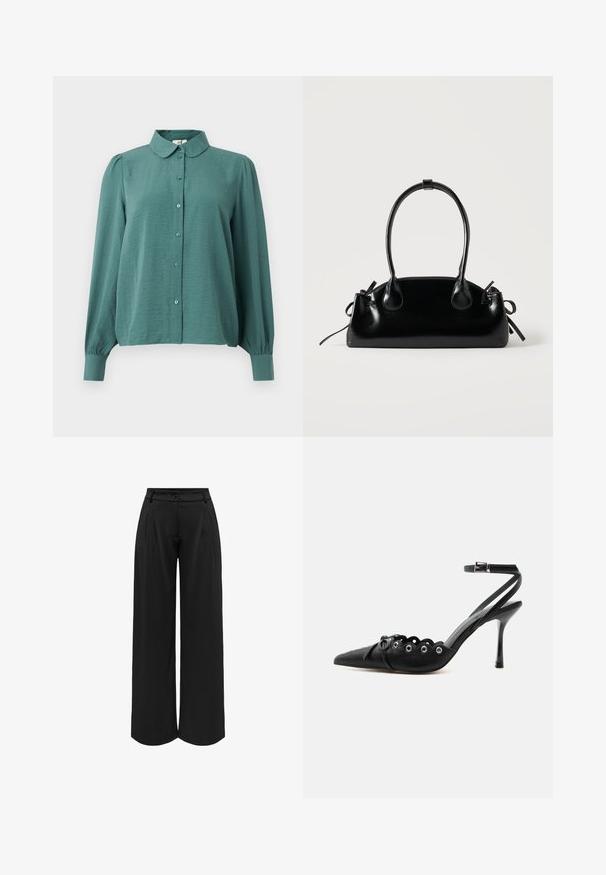 Blouse vert d'eau à col arrondi, manches bouffantes longues et tissu texturé. Présente des boutons nacrés le long de l'avant.; Pantalons larges noirs avec une taille ajustée, plis plats à l'avant et fermeture à bouton. Fabriqués dans un matériau fluide, présentant une texture lisse.; Chaussure à talon haut noire à bout pointu, bords festonnés, œillets métalliques, lacets à l'avant et bride de cheville avec fermeture à boucle.; Petit sac à main noir brillant avec deux longues anses et des détails à cordon sur les côtés sur un fond clair uni.