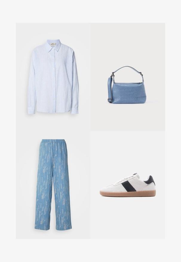 Camisa de botón a rayas azul claro con cuello clásico, mangas largas y un ajuste relajado, con franjas verticales estrechas en colores contrastantes.; Pantalones de pierna ancha en azul claro, hechos de una tela texturizada con un sutil estampado abstracto. Cuentan con una cintura elástica para mayor comodidad.; Zapatilla de ante blanca con suela de goma color marrón claro y una franja de cuero negro junto con una lengüeta en el talón, vista de perfil sobre un fondo blanco.; Bolso azul claro con relieve de cocodrilo, asa corta y correa de hombro desmontable. Textura lisa con cierre de cremallera.