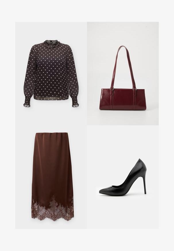 Zwarte doorschijnende blouse met witte polkadots, lange opgezette mouwen, gerimpelde hoge kraag en gerimpelde manchetten.; Bruine satijnen rok met gegolfde kanten zoom, rechte snit en elastische tailleband, afgebeeld tegen een effen witte achtergrond.; Zwarte leren high heel pump met een spitse neus en een gladde textuur. Kenmerkt zich door een slanke stilettohak en een laag uitgesneden vamp ontwerp.; Bourgondische handtas van glanzend materiaal, rechthoekige vorm, met twee schouderbanden en subtiele gebogen accenten aan de voorkant.