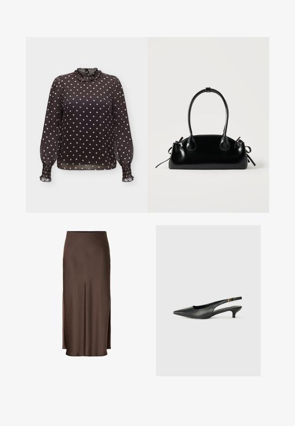 Sort gennemsigtig bluse med hvide prikker, lange puffede ærmer, flæset høj krave og flæset manchetter.; Brun satin nederdel med et lige design, der har sideslids for let bevægelse og en glat tekstur gennem stoffet.; Sorte spidse slingback-sko lavet af glat læder. Har en tynd hæl og en spænde detalje på den justerbare rem.; Lille sort blank håndtaske med to lange håndtag og snøre-detaljer i siden på en ensfarvet lys baggrund.
