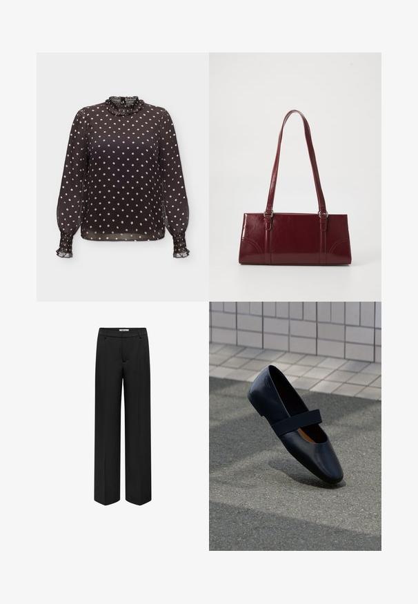 Blouse noire transparente à pois blancs, manches longues bouffantes, col haut volanté et poignets volantés.; Pantalons larges noirs en tissu lisse, dotés d'une taille, de poches avant et d'une coupe ajustée. Pas de motifs ni d'accents visibles.; Chaussure plate en cuir noir avec un bout arrondi, dotée d'une douce sangle élastique noire sur le cou-de-pied. Texture lisse et design minimaliste.; Sac à main bordeaux en matériau brillant, de forme rectangulaire, avec deux anses et des accents légèrement courbés à l'avant.