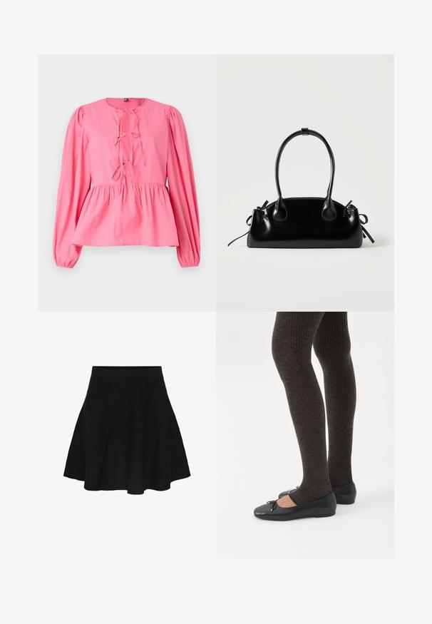 Roze katoenen blouse met een ronde halslijn, poflange mouwen en een gestrikt detail aan de voorkant. Heeft een geraffineerde taille en een ontspannen pasvorm.; Zwarte A-lijn rok met een aangesloten tailleband, die zachtjes uitloopt naar de zoom, getoond op een effen witte achtergrond.; Benen met donkere geribbelde leggings gecombineerd met zwarte ballerina's met kleine strikdetails op een witte achtergrond.; Kleine zwarte glanzende handtas met twee lange hengsels en zijkant trekkoord details op een effen lichte achtergrond.