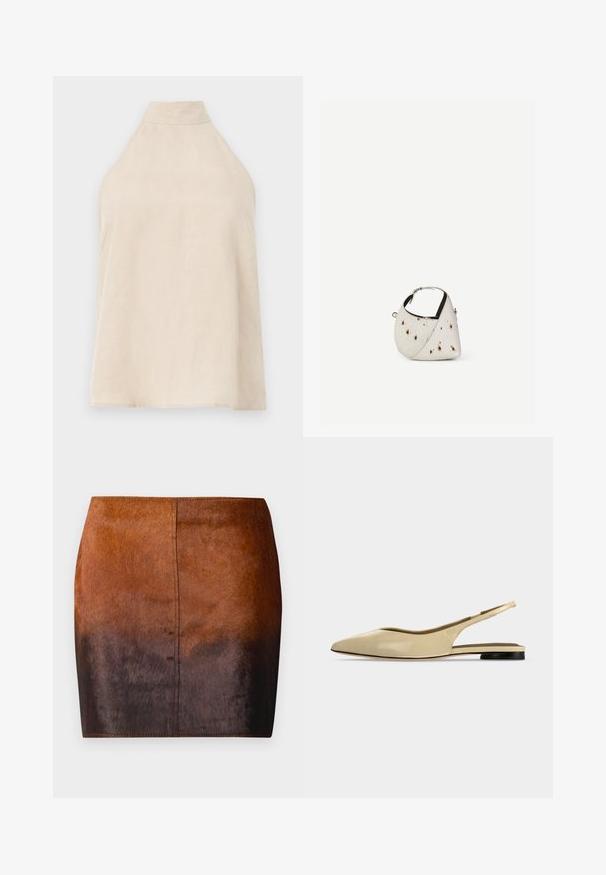 Beige halter top, ærmeløs design, blødt stof med en glat tekstur, høj krave og en A-formet silhuet. Minimalistisk stil.; Brun gradient mini nederdel lavet af blødt materiale, med en glat tekstur, en tætsiddende silhuet og præcise syninger langs kanterne.; Beige spids tå slingback flad sko med lav sort hæl og en glat læderfinish, vist fra siden på en ensfarvet baggrund.; Lille hvid håndtaske med brune pletter, afrundet trekantet form, sort indvendig foring og kort justerbar rem med sølvspænde.